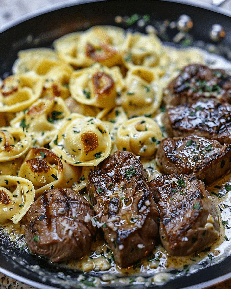 Creamy Garlic Butter Steak with Alfredo Tortellini