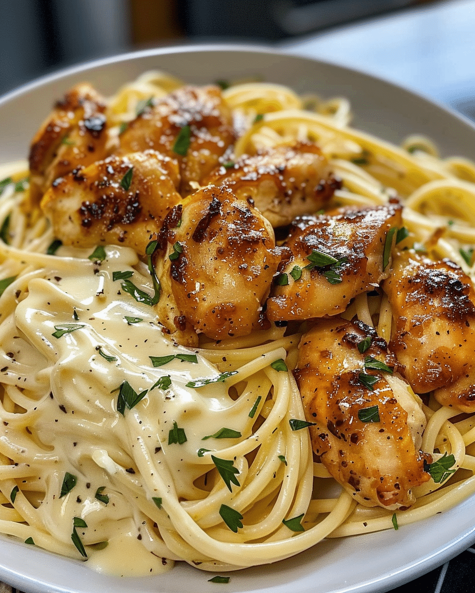 Creamy Lemon Garlic Chicken Pasta with Parmesan Linguine