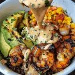 Grilled Shrimp Bowl with Avocado, Corn Salsa & Creamy Garlic Sauce