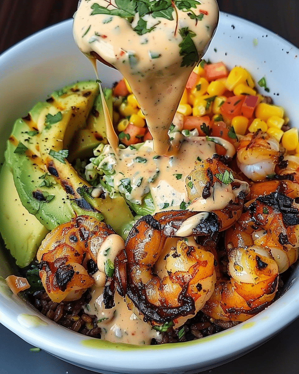 Grilled Shrimp Bowl with Avocado, Corn Salsa & Creamy Garlic Sauce